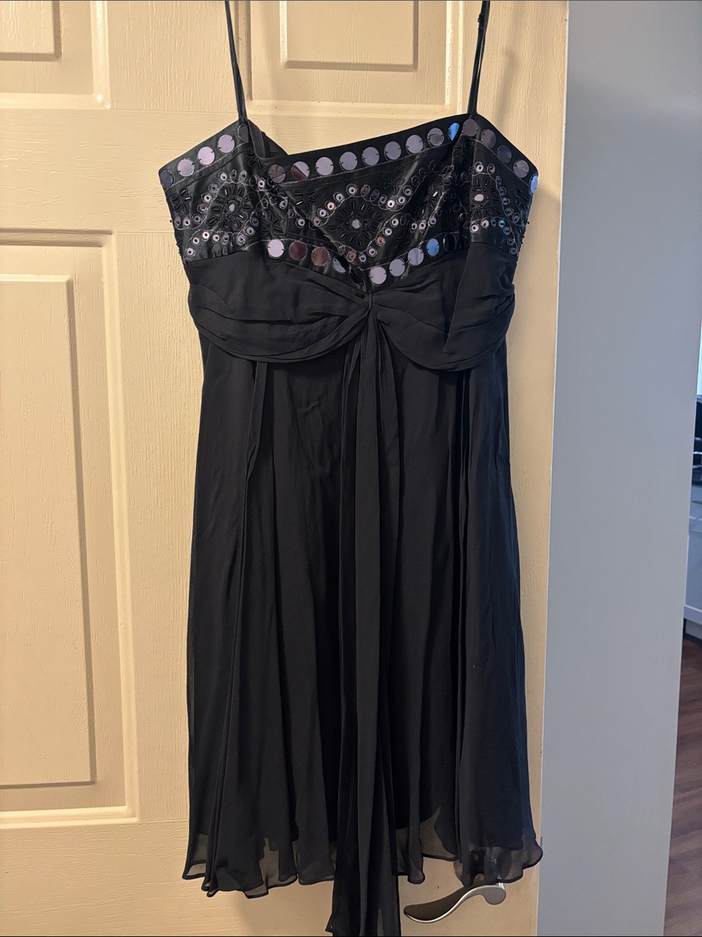 BCBGMaxAzria Black Strapless Chiffon Dress with Sequin Detail
